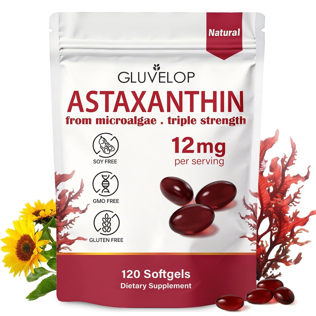 Astaxanthin 12mg의 우수한 Astaxanthin 산화 방지제 보충교재, 지원 눈, 피부, 면역, 내부 순환, 신선한 Microalgae 근원, 세 배 힘, 비 GMO의 4 달 공급, 120 Softgels