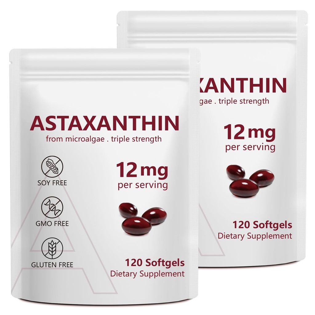 2 팩 Astaxanthin 12mg의 산화 방지제 활동을 가진 우수한 Astaxanthin 산화 방지제 보충교재, 지원 눈, 면역성이 있는, 피부 건강, 내부 순환