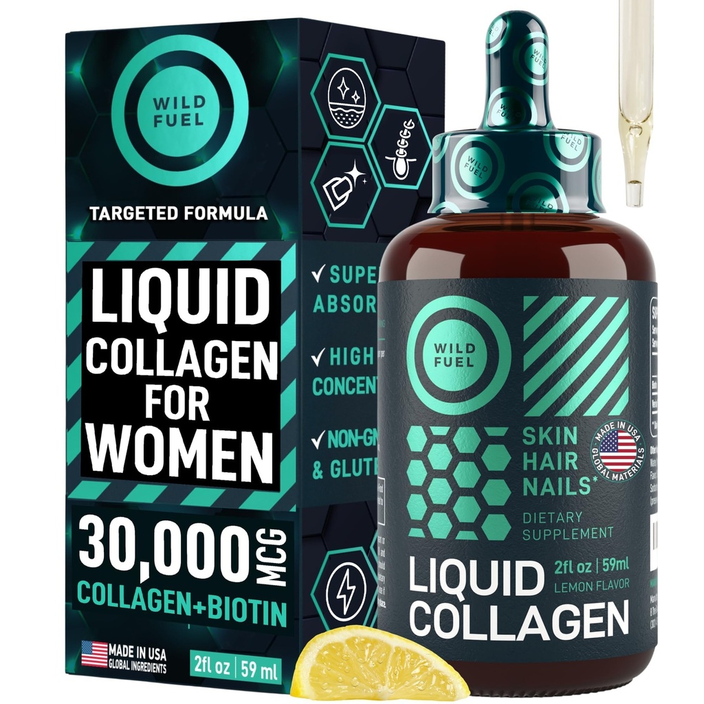 머리 피부와 못을 위한 Biotin 비타민을 가진 WILD FUEL 액체 교원질 펩티드 - 여자와 남자 플러스 Biotin를 위한 30,000mcg 액체 교원질 - 레몬 풍미, 2 달까지 - 2개 oz