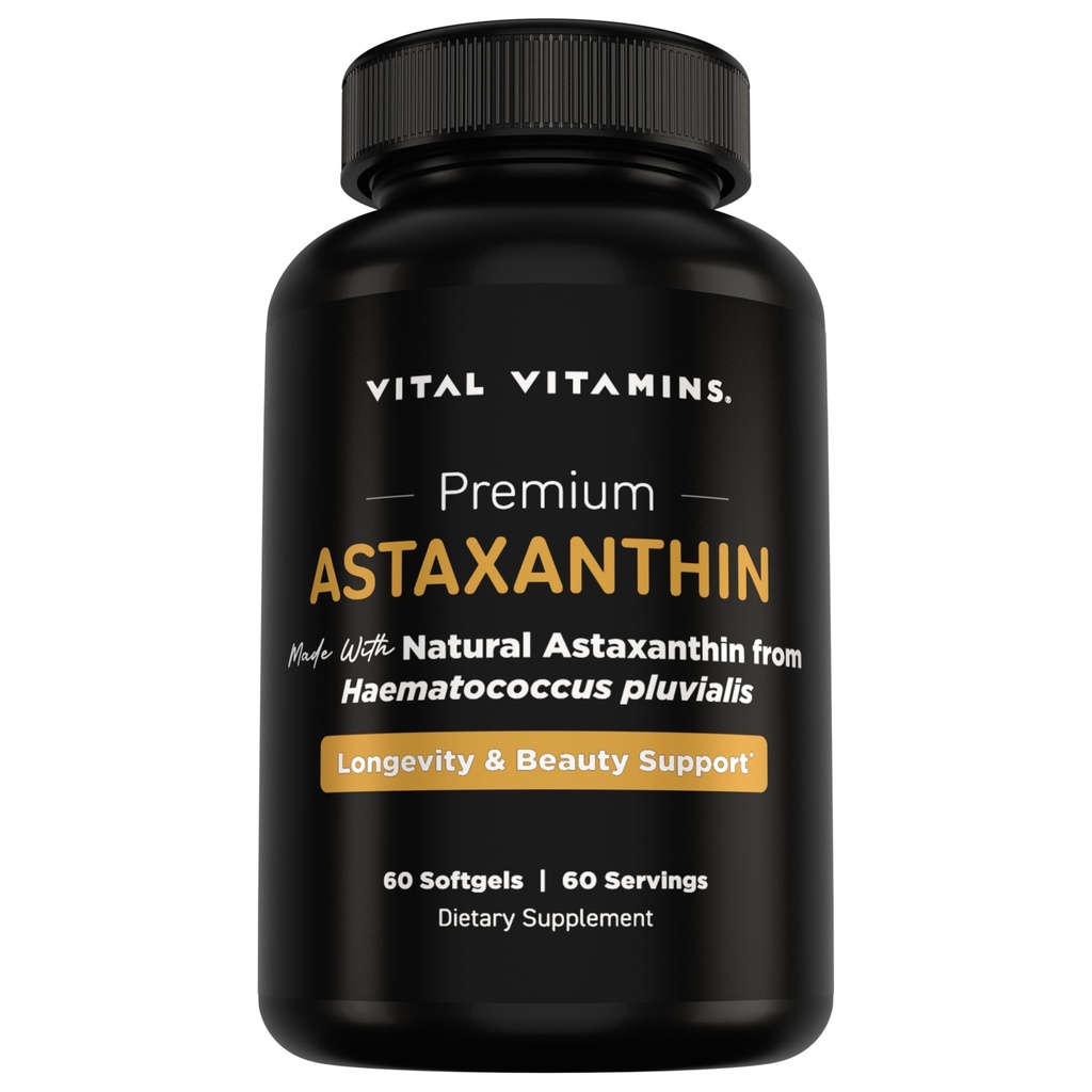 Vital Vitamins Astaxanthin 12mg Softgels - 자연 Astaxanthin로 만든 - 피부 해체 촉진, 탄력성 - 매일 손상에 대한 세포를 방어 - Vegan, 미국에서 만든 - 60 소프트 젤