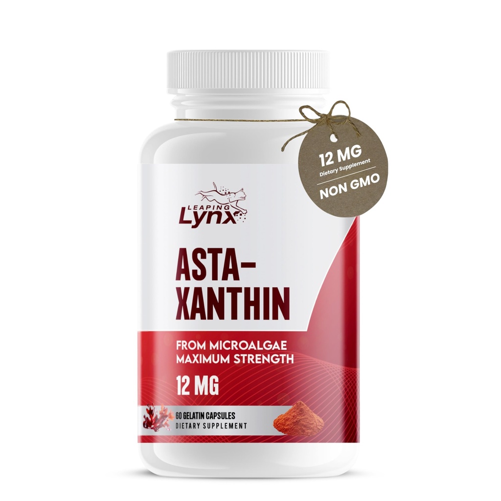 Astaxanthin 12mg - 피부, 눈 및 세포 건강을위한 산화제 보충교재 | 60 캡슐 (60 일 공급) | 회복, 면역력, 노화 방지 지원을 위한 자연적인 미생물 추출물 | Non-GMO