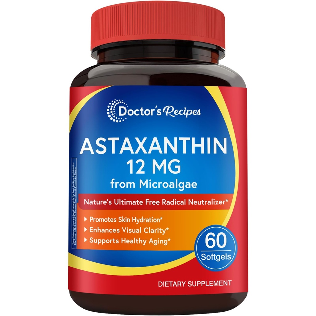 의사의 조리법 Astaxanthin 12 mg, 신선한 프리미엄 Microalgae에서, 최대 힘, 글루텐 없음, 비 GMO, 지원 피부, 눈, 뼈 & 면역 체계 건강, 60 Softgels