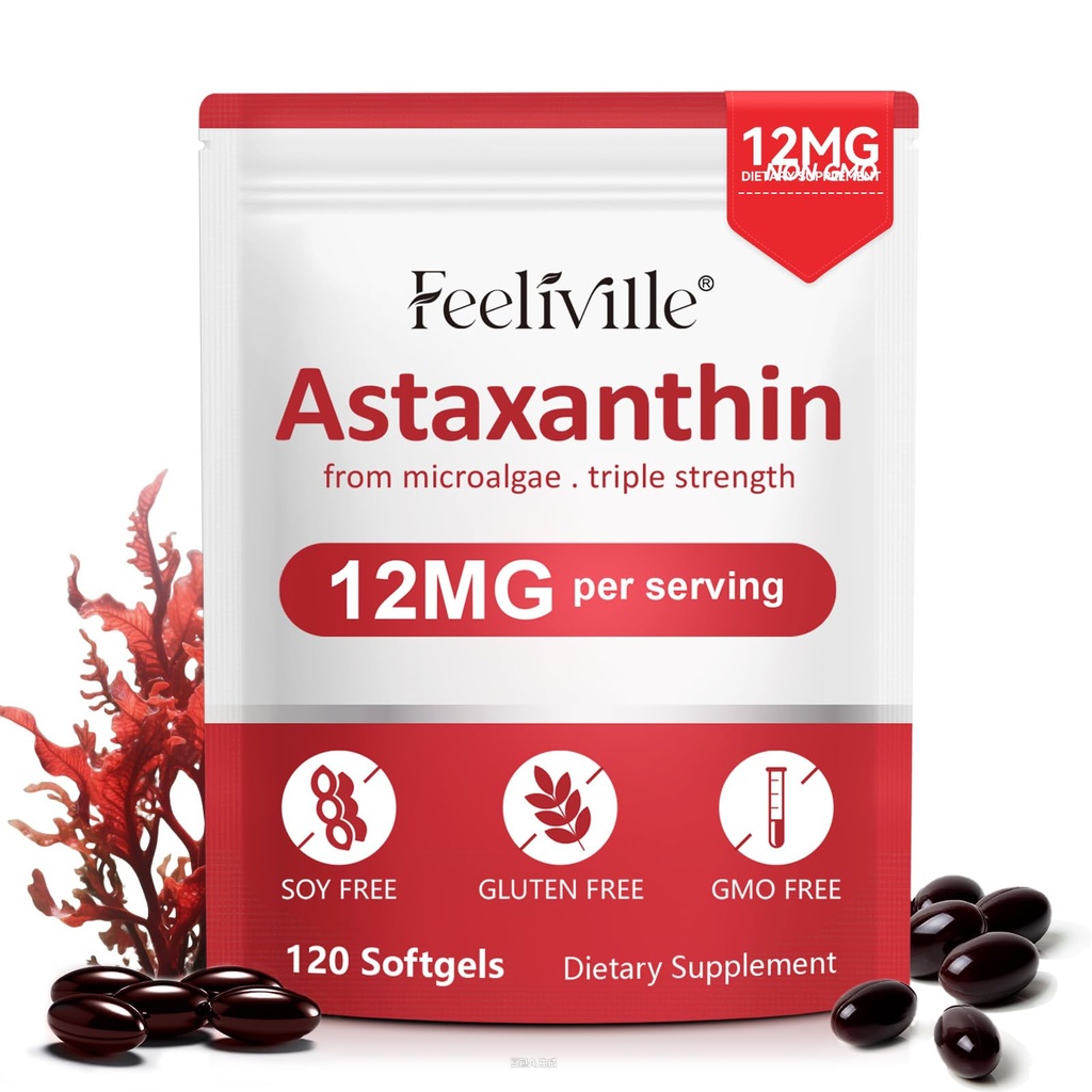 Astaxanthin 12mg, 120 Softgels, 4 개월 공급 | 프리미엄 Astaxanthin 산화 방지제 보조제 | 신선한 미생물 근원 | 지원 눈, 합동, 내부 순환, 피부 건강