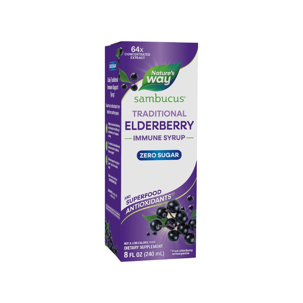 Nature 's Way Sambucus Zero Sugar Traditional Immune Syrup, Highly Concentrated Black Elderberry Extract, 전통 면역 지원 *, Sugar-Free, Berry flavored, 8 Fl Oz (패키지 May Vary)