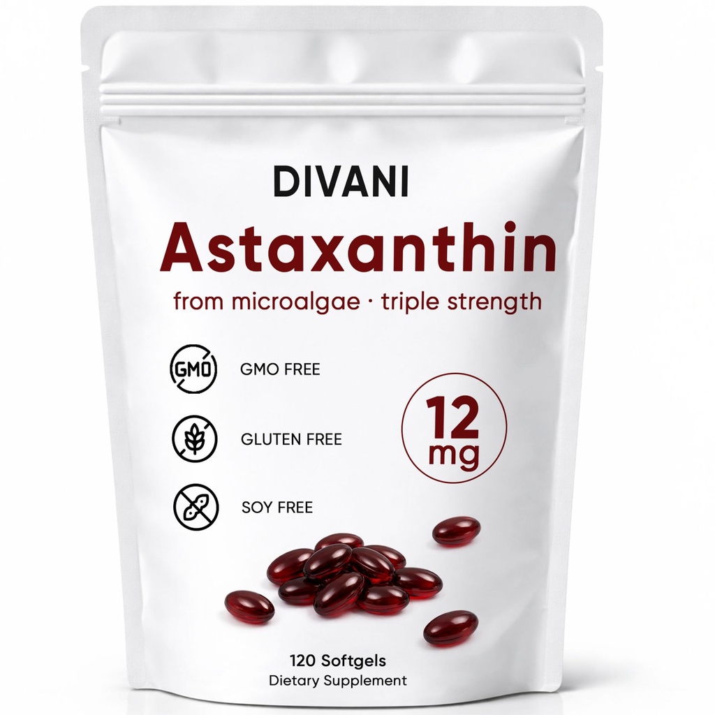 DIVANI Astaxanthin 12mg의 매일 웰니스, 면역, 눈 & 피부 지원, 비 GMO, 글루텐을 위한 산화 방지제 보충교재 - 120 Softgels