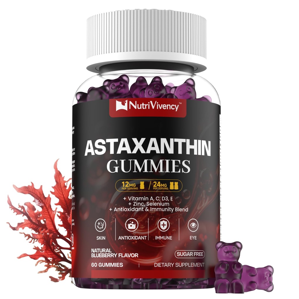 Astaxanthin Gummies, Gummy 24mg Max 당 12mg, 비타민 A/C/D/E, Resveratrol, 여성 남자를 위한 14-IN-1 산화 방지제 혼합, 피부, 눈, 면역력 지원, 설탕 자유로운, Vegan, 60 Ct를 가진 Astaxanthin 보충교재