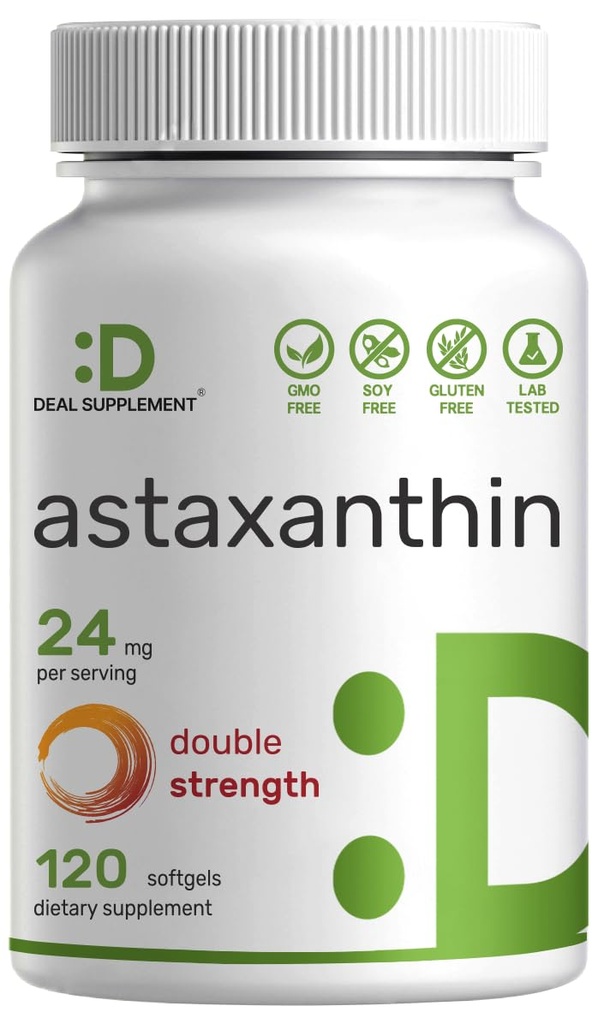 DEAL SUPPLEMENT Astaxanthin 24mg Per 서빙 (12mg Per Cap), 120 Softgels - 이중 힘 Microalgae - 피부, 눈, 관절 및 면역 지원을위한 산화 방지제 보충제 - Non-GMO