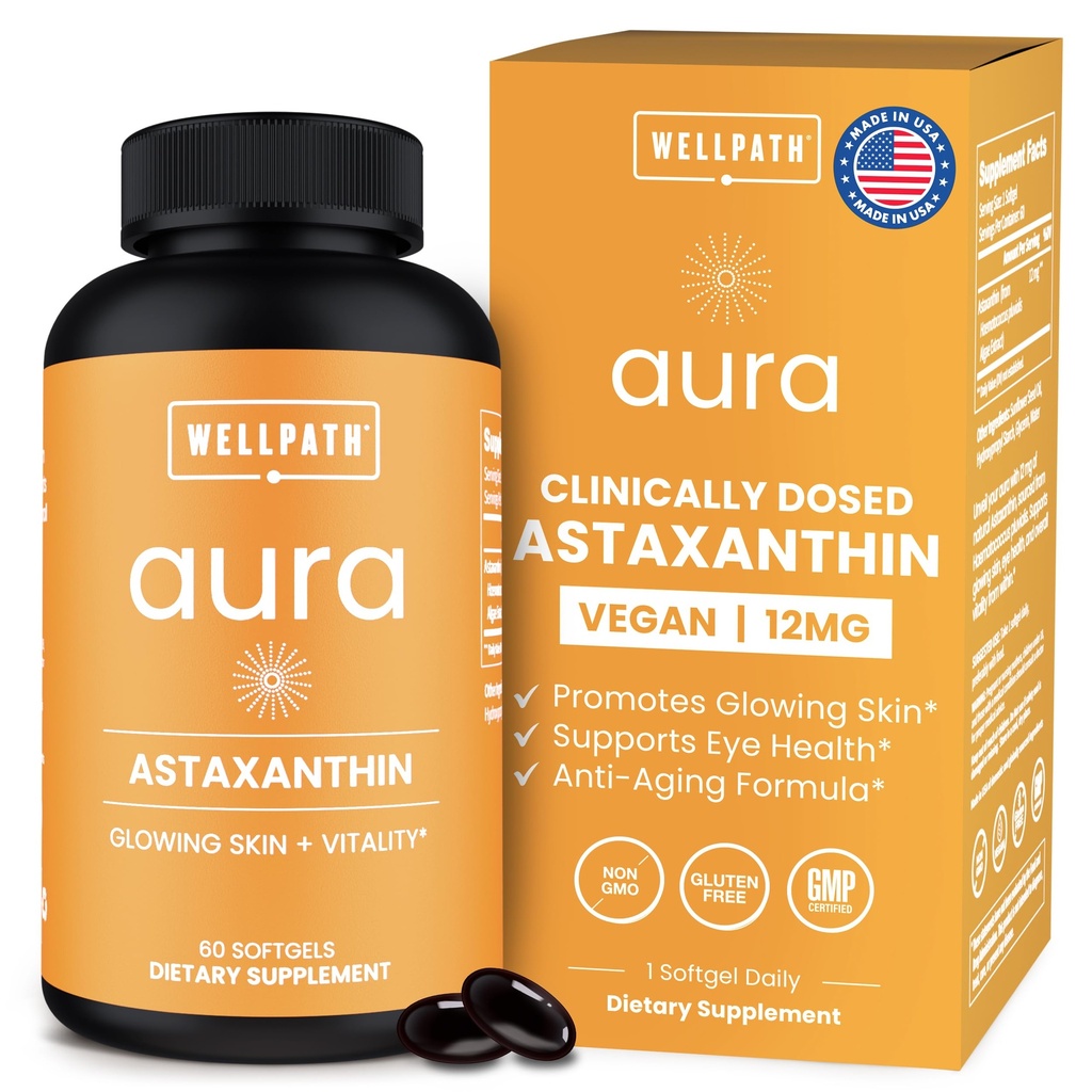 WellPath Astaxanthin 12mg Softget | Microalgae의 Vegan Astaxanthin 보조제 | 피부용 산화 방지제, 탄력성 및 눈 건강 | Non-GMO, 미국제 2개월 공급