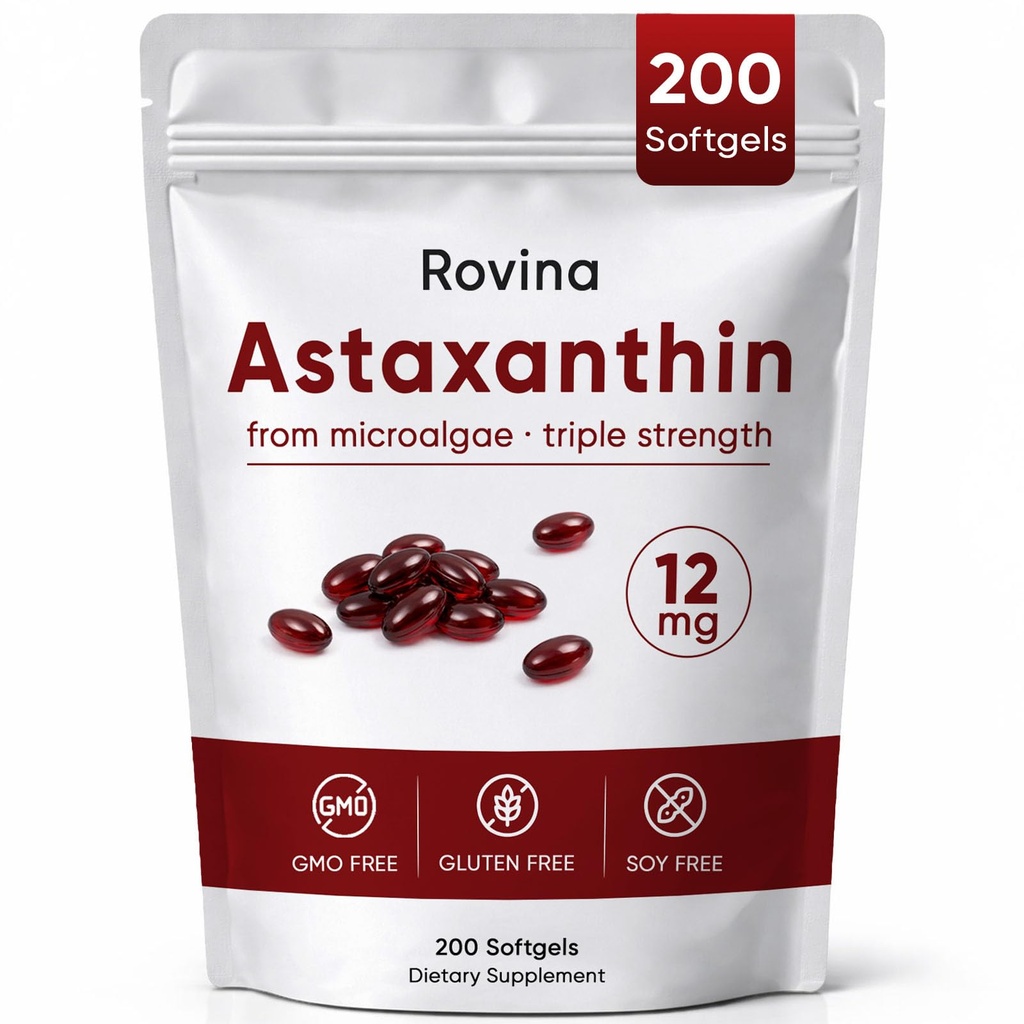 Rovina Astaxanthin 12mg Softgels, Daily Wellness, Immune, Eye & Skin Support, Joint, Internal Circulation, Non-GMO, 글루텐 무료 - 200 Softgels (1)를 위한 산화 방지제 보충교재