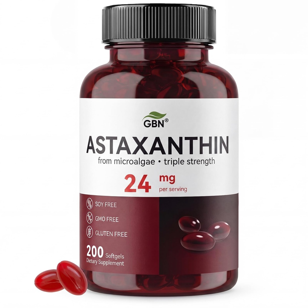 GBN Astaxanthin 보충 교재 24mg 200 Softgels의 지원 눈, 피부, 합동, 뇌, 심장 & 면역 체계 건강, 여성 & 남자를 위한 체력 & 건강한 노후화, 신선한 Microalgae 근원