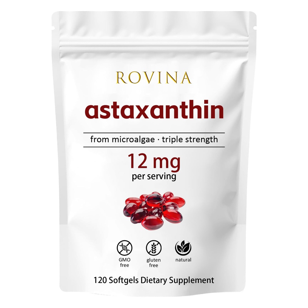 Rovina Astaxanthin 12mg Softgels • 눈 안락, 피부 활력 및 면역력을 지원하는 강력한 자연 산화 방지제 • 글루텐 무료 • 120 곡물