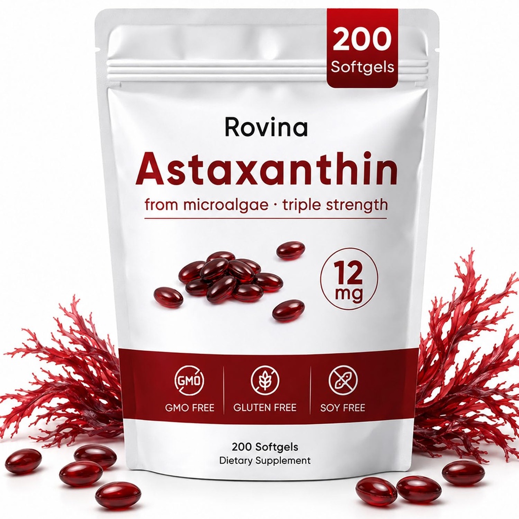ROVINA Astaxanthin 12mg Softgels의 산화 방지제 보충교재 지원 눈, 피부, 면역, 합동, 내부 순환, 비 GMO & 글루텐 자유로운 - 200 Softgels