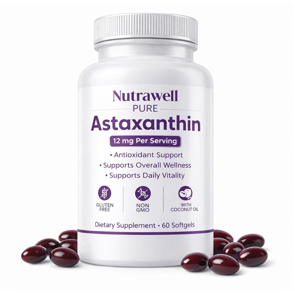 IRMI Nutrawell Astaxanthin 12 mg Softgels, 프리미엄 천연 Astaxanthin | 글루텐 프리, 비 GMO | 일일 아이 & 스킨 지원, 60 소프트 젤