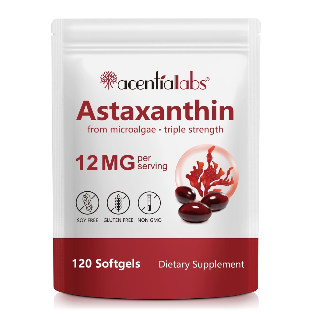 Astaxanthin 12mg, 120 Softgels (4 달 공급), 신선한 Haematococcus Pluvialis Microalgae, 지원 눈, 합동 & 피부 건강, 비 GMO, 글루텐 자유로운, 낙농 자유로운