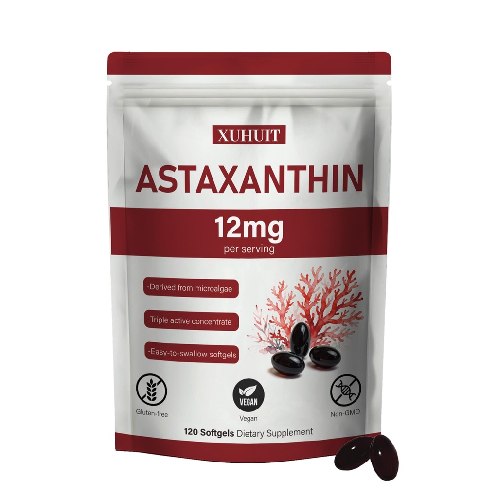 Astaxanthin 보충교재 12mg, 120 Softgels | Microalgae에서 우수한 자연적인 Astaxanthin 산화 방지제 | 고강도, 비 GMO, 글루텐 및 콩 자유로운 공식 (1)