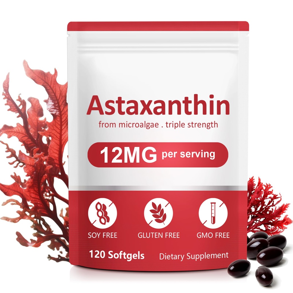 Astaxanthin 보충교재, 12mg Astaxanthin 자연적인 노화 방지 공식 - 지원 눈, 합동, 내부 순환 & 피부 건강, 비 GMO 비 글루텐