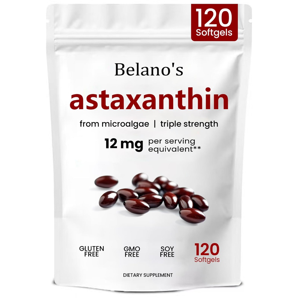 Belano의 Astaxanthin 12mg, Astaxanthin Softgels, 프리미엄 Astaxanthin 산화제 보충교재 | 건강 & 에너지 지원, 비 GMO, 비건 친절한 & 글루텐 자유로운 - 120 Softgels (1개의 부대)