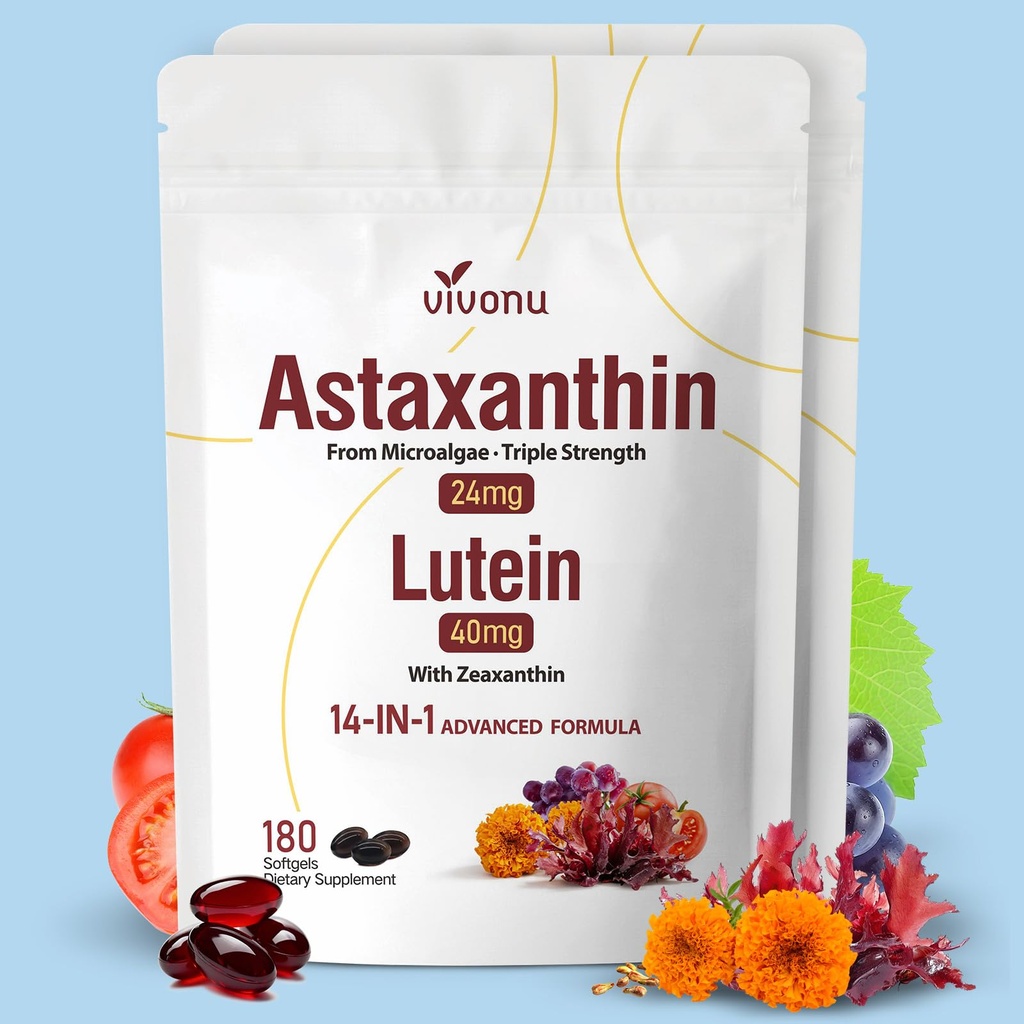 VivoNu 14-in-1 Astaxanthin 24mg & Zeaxanthin 보충교재, 12 달 공급, 360 Softgels, 2 부대를 가진 Lutein 40mg