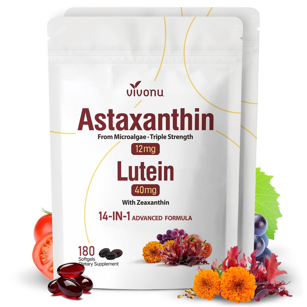 Zeaxanthin 보충교재, 12 달 공급, 신선한 Microalgae 근원, 지원 눈, 피부, 산화 방지제, 합동, Circulatory 건강, 비 GMO, 글루텐 자유로운, 2 부대를 가진 14에서 1 Astaxanthin 12mg & Lutein 40mg
