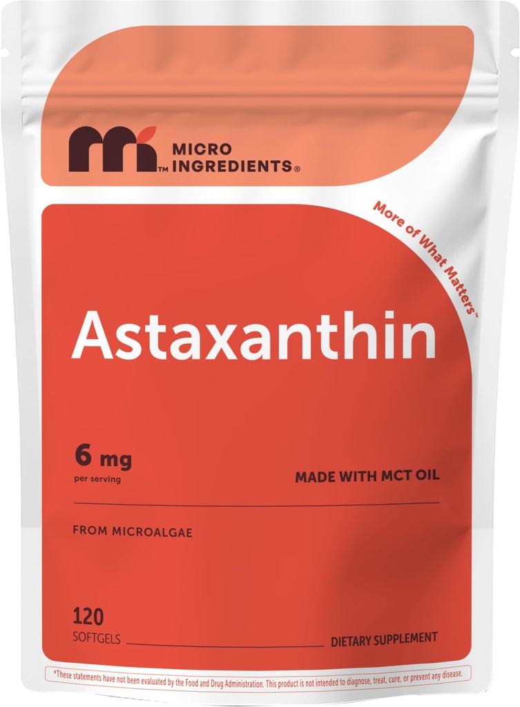 마이크로 재료 Astaxanthin 6mg MCT 오일, 120 Softgel | 프리미엄 Astaxanthin 산화 방지제 보충제 * | 신선한 미생물 소스 | 트리플 강도, 비 GMO, 글루텐 무료, 아니 Soy