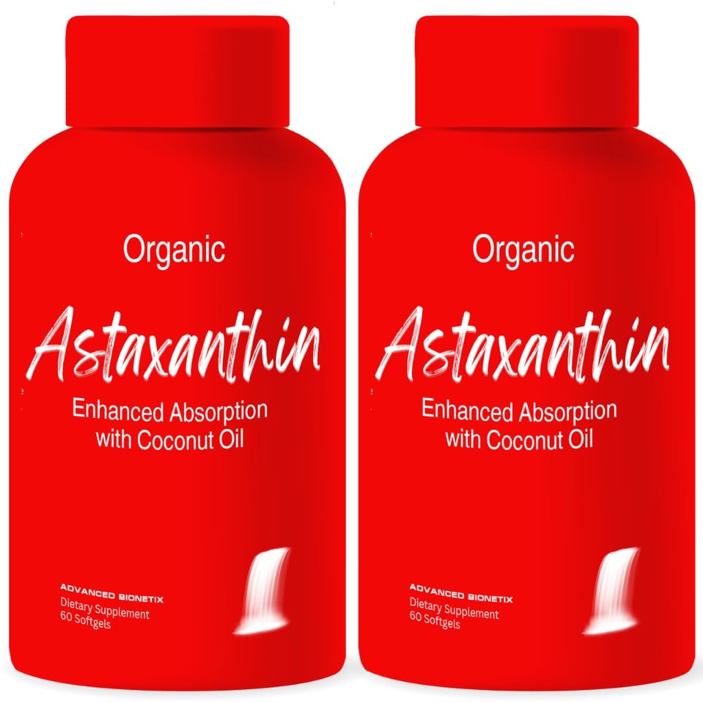 진보된 Bionetix 2 팩 세겹 힘 AstaQuilTM Astaxanthin 12mg 높은 Bioavailability 공식, 강화된 흡수를 위한 120 Softgels 유기 코코넛 기름. 강력한 산화 방지제 눈 합동 심장 건강