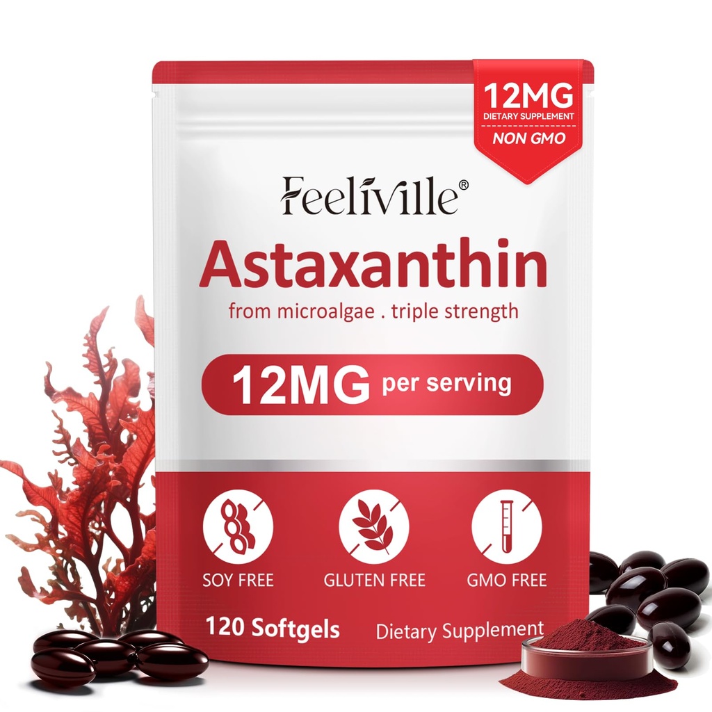 Astaxanthin 보충교재, 산화 방지제 활동을 가진 우수한 Astaxanthin 12mg 산화 방지제, 지원 눈, 합동, 면역성, 피부 건강, 내부 순환, 1Pack (120 Softgels), 비 GMO & 글루텐 없음