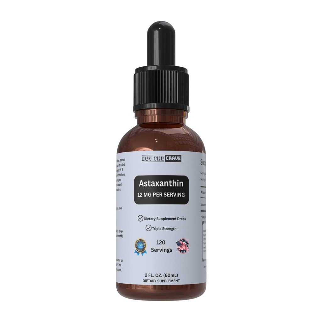 콜드 프레스 엑스트라 버진 올리브 오일과 주입 된 Astaxanthin 액체 드롭 - 서빙 당 12mg - 천연 산화 방지제 지원 - 2 fl oz Dropper Bottle - Vegan, Non-GMO