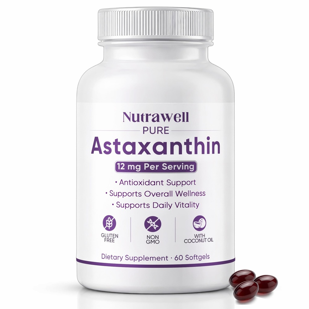 NutraWell Astaxanthin 12mg, 코코넛 오일, 산화 방지제 지원 보충, 비 GMO, 글루텐 무료, 60 Softgels