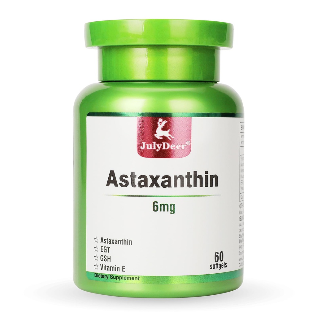 JulyDeer Astaxanthin 6 mg, 60 Softgels – 이중 힘 Microalgae – 자연적인 Haematococcus Pluvialis 근원 – 피부, 눈, 합동, & Immune 지원을 위한 산화 방지제 보충교재 – 비 GMO