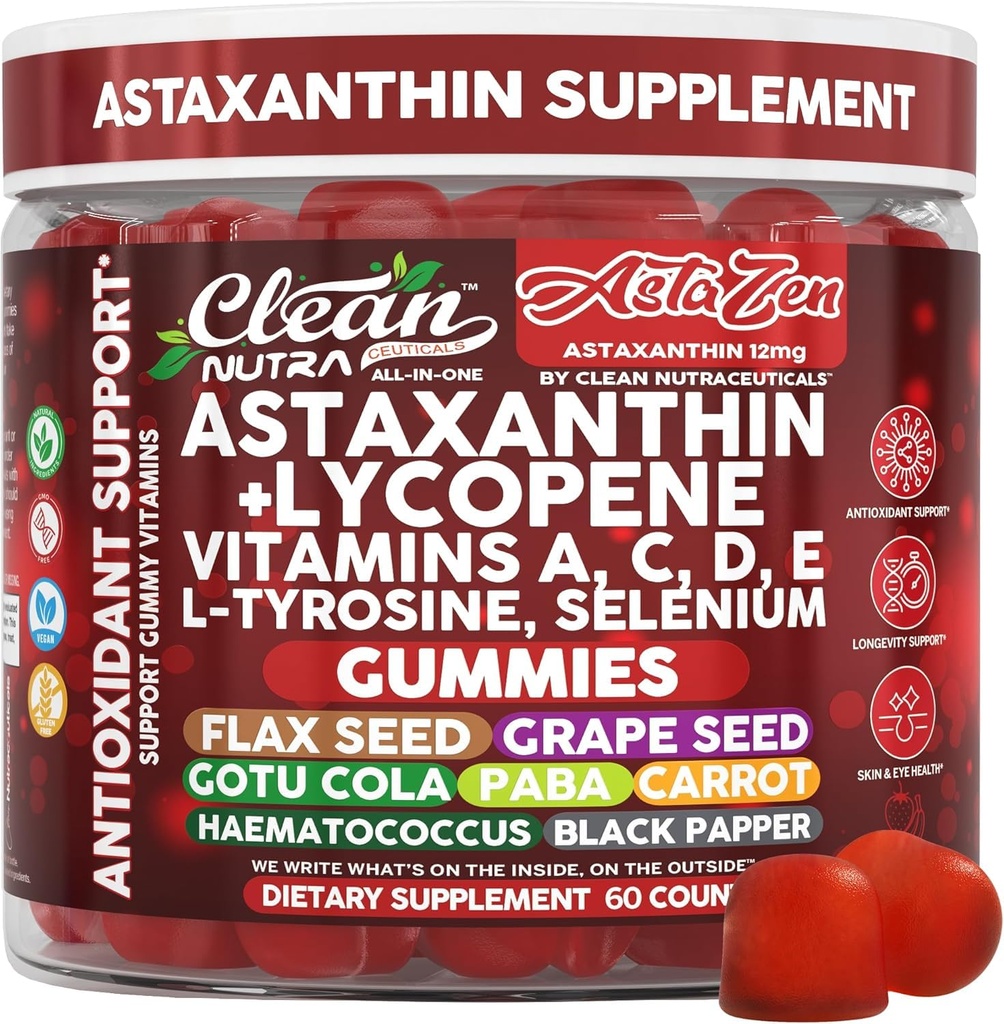 Clean Nutraceuticals AstaZen Astaxanthin Gummies 12mg - Lycopene, 비타민 A C D E, L-Tyrosine & Selenium - 산화 방지제 지원 Gummies - 60 조사
