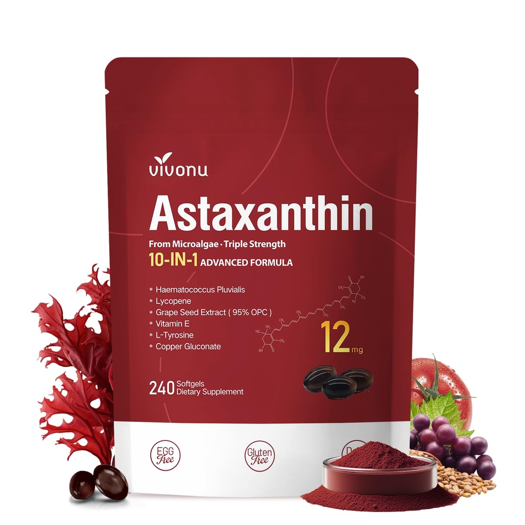 VivoNu Astaxanthin 12mg 보충제, 240 Softgels, 신선한 Haematococcus Pluvialis 10 in 1 Astaxanthin 산화 방지제 보충교재, 지원 눈, 피부, 합동, 뇌, 심장 & 면역 체계 건강