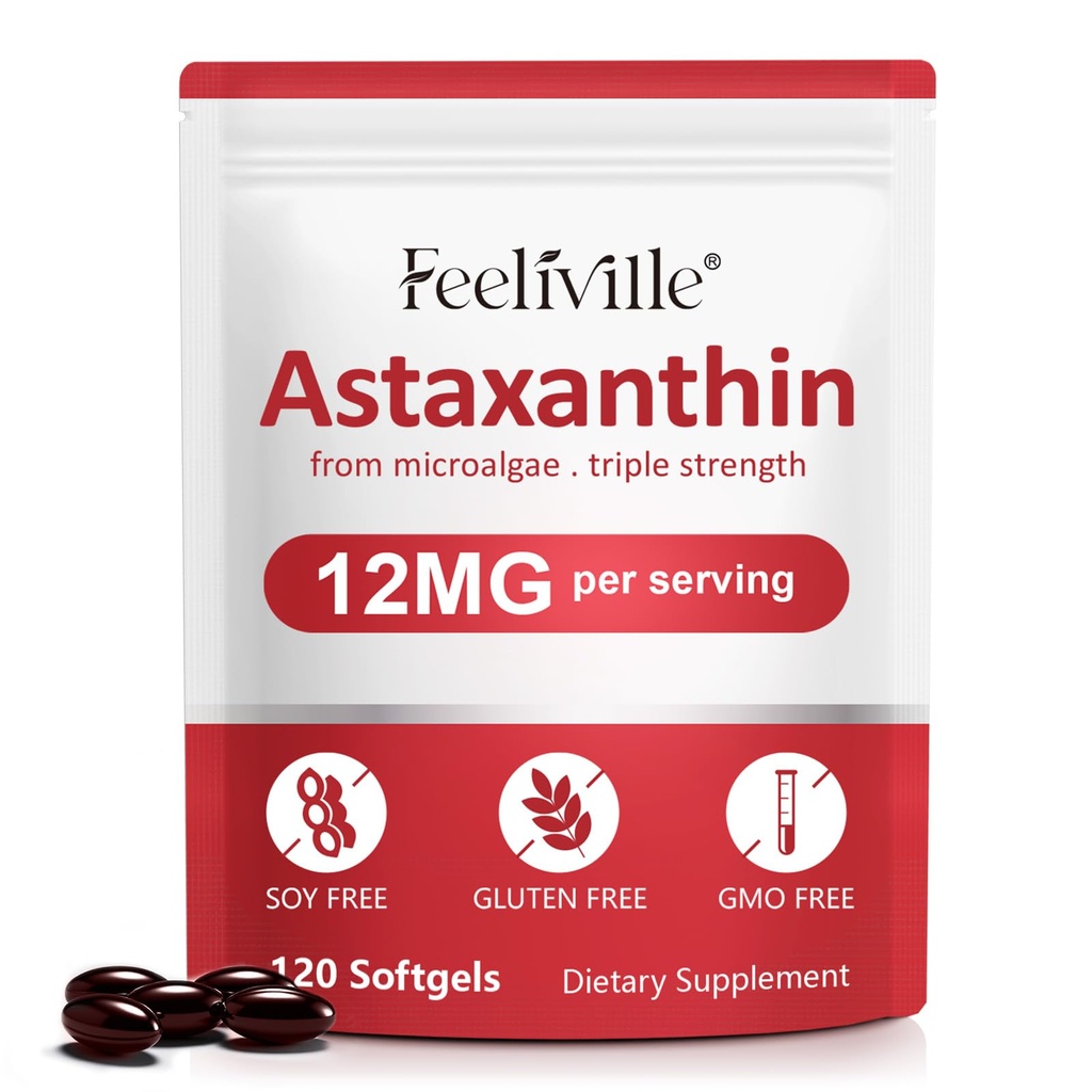 Astaxanthin 12mg (120 Softgels) - 프리미엄 Astaxanthin 산화 방지제 보충 교재 - 지원 눈, 내부 순환, 면역 및 피부 건강 - 신선한 미생물 근원 - 비 GMO & 글루텐 없음