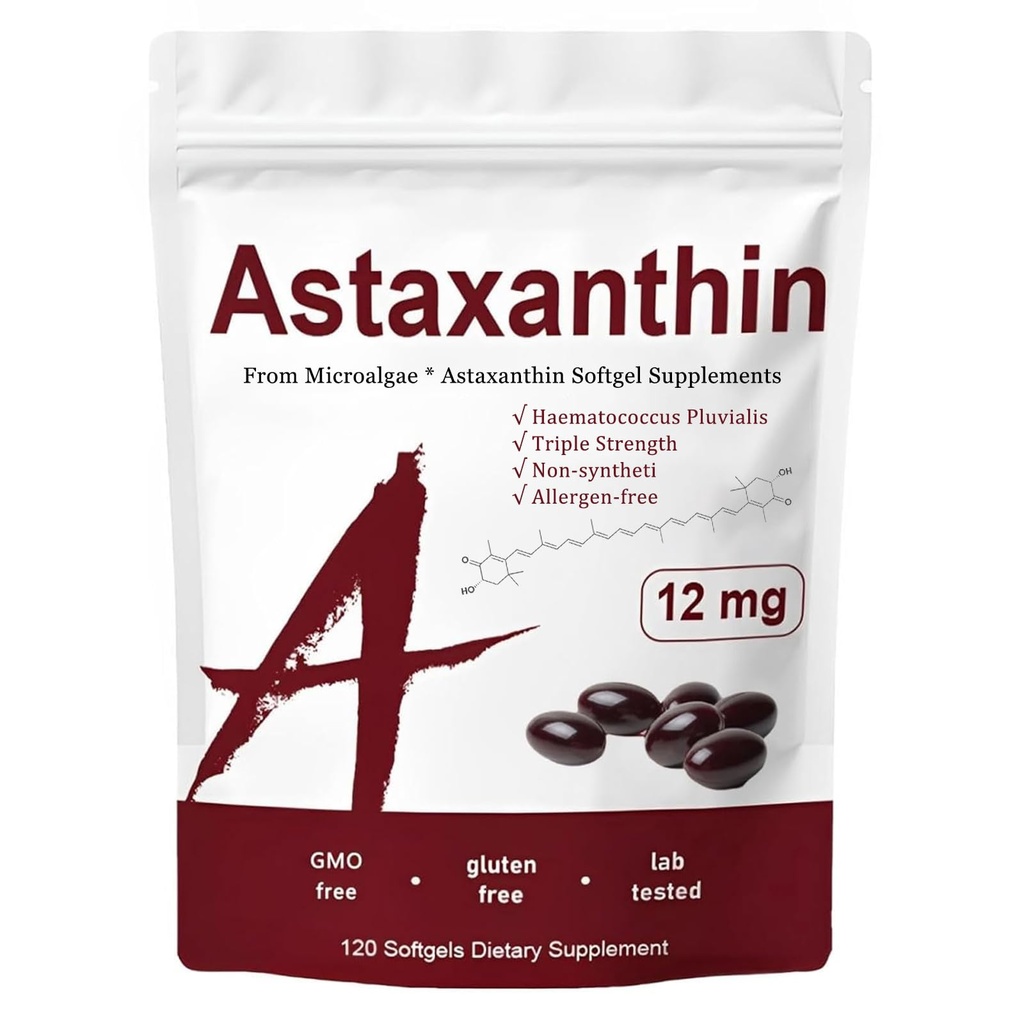 Astaxanthin 12mg의 산화를 억제하는 활동을 가진 여자를 위한 3배 힘 피부 비타민, 지원 면역, 피부, 눈 & 합동 건강, 빠른 내부 순환, 콜락 풍미, 120의 서빙
