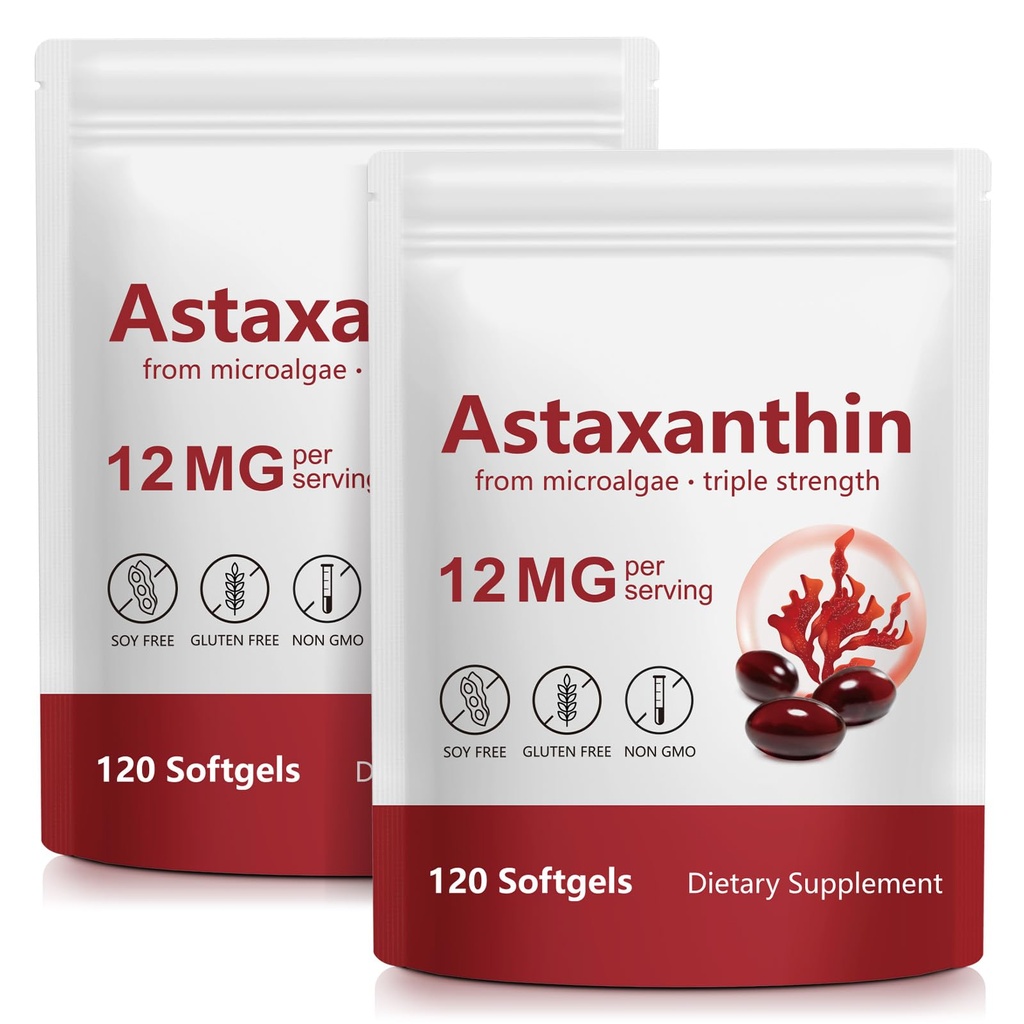 Astaxanthin 12mg, 120 Softgels, (2Pack) 산화 방지제 활동, 지원 눈, 피부, 합동 & 면역 체계 건강, 신선한 Microalgae 근원, 비 GMO를 가진 Premium Astaxanthin 산화 방지제 보충교재