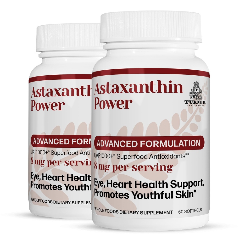 UAF1000+, 산화 방지제 보충교재, 12mg Astaxanthin, 60의 서빙, 2 병을 가진 TURNER 뉴질랜드 Astaxanthin 힘