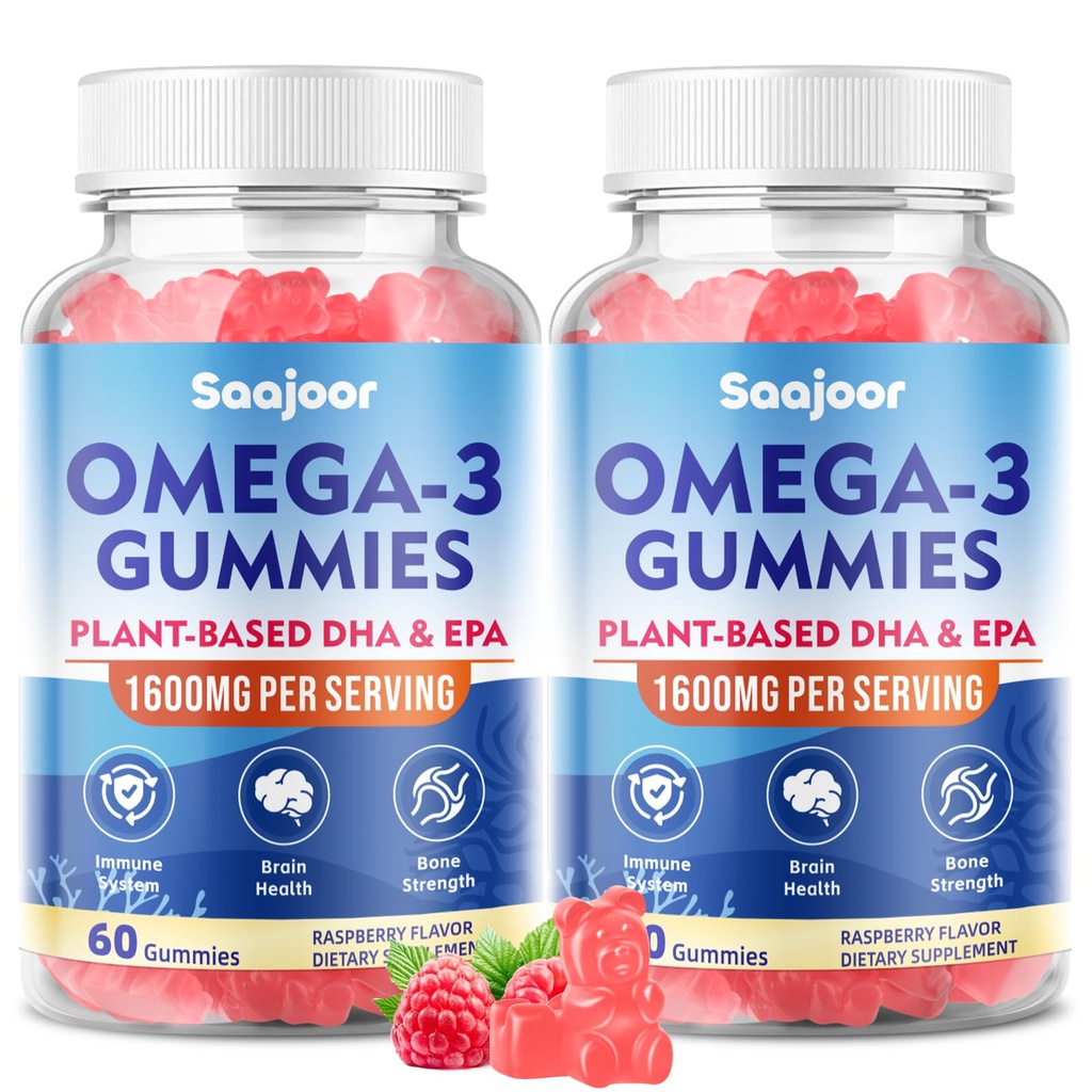 성인을 위한 2 팩 Vegan Omega-3 Gummies1000mg - 400mg DHA & 600mg EPA, 비타민 A, C, E 및 아연을 가진 설탕 자유로운 보충교재 - 120 조사