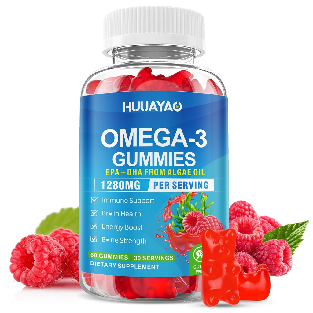 Vegan Omega-3 Gummies 1028mg의 성인 w/EPA 400mg & DHA 600mg & 비타민 A, C, E 지원 뇌, 눈 & 면역 건강, 설탕 무료, 라즈베리 맛, 60 조사를 위한 Omega 3 물고기 기름 대안