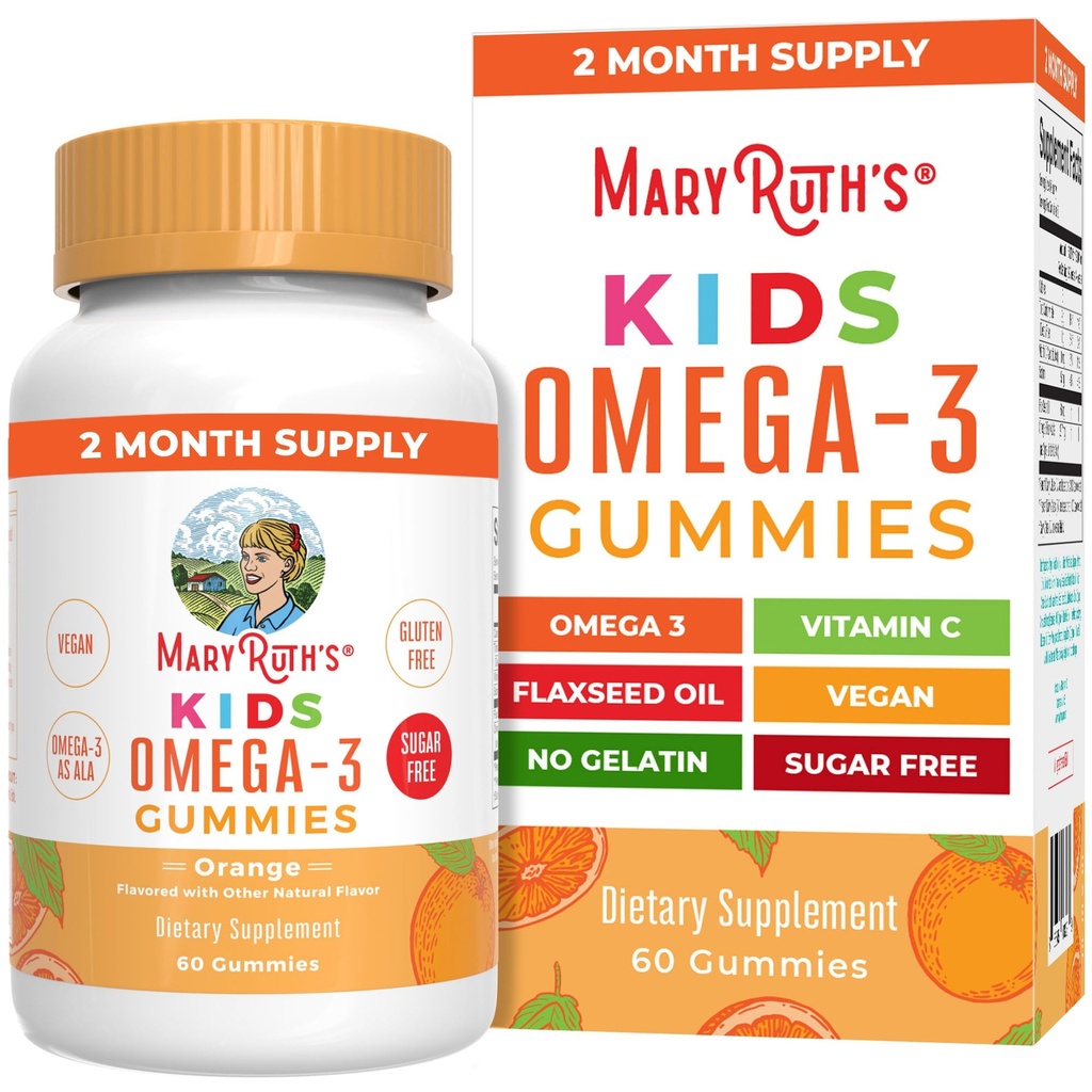 MARYRUTH 'S Vegan Omega 3 Gummies for Kids 2 +, 2 개월 공급, 설탕 무료, 오메가 3 비타민 C, Flaxseed 오일, 면역 지원, 필수 영양 ALA, 물고기 맛 없음, 60 조사