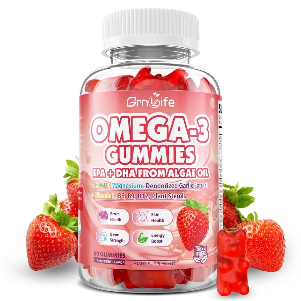 Vegan Omega 3 Gummies 1000mg + CoQ10 + 마그네슘 - w/Algae EPA 600mg & DHA 400mg의 물고기 기름 Omega-3는 성인을 위한 대안을, 뇌, 눈, 면역력, 딸기 풍미, 60 조사 보충합니다
