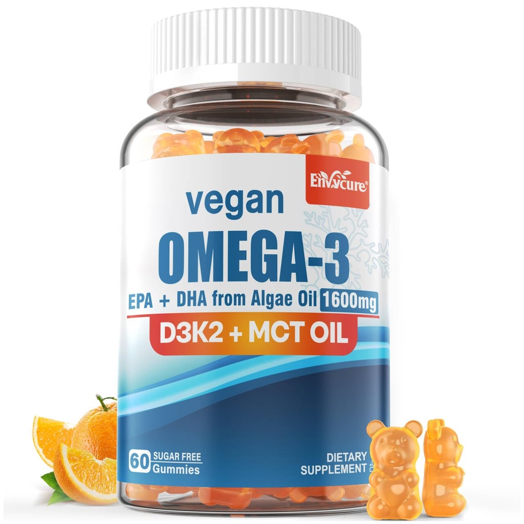 Vegan Omega 3 Gummies 1280mg + 비타민 D3 K2 (MK7), 성인, w/Algae EPA 600mg & DHA 400mg, MCT 기름을 위한 오메가 3 물고기 기름 대안 - 아니 물고기 맛 - 뇌, 눈, 면역력, 설탕 무료, 1 팩