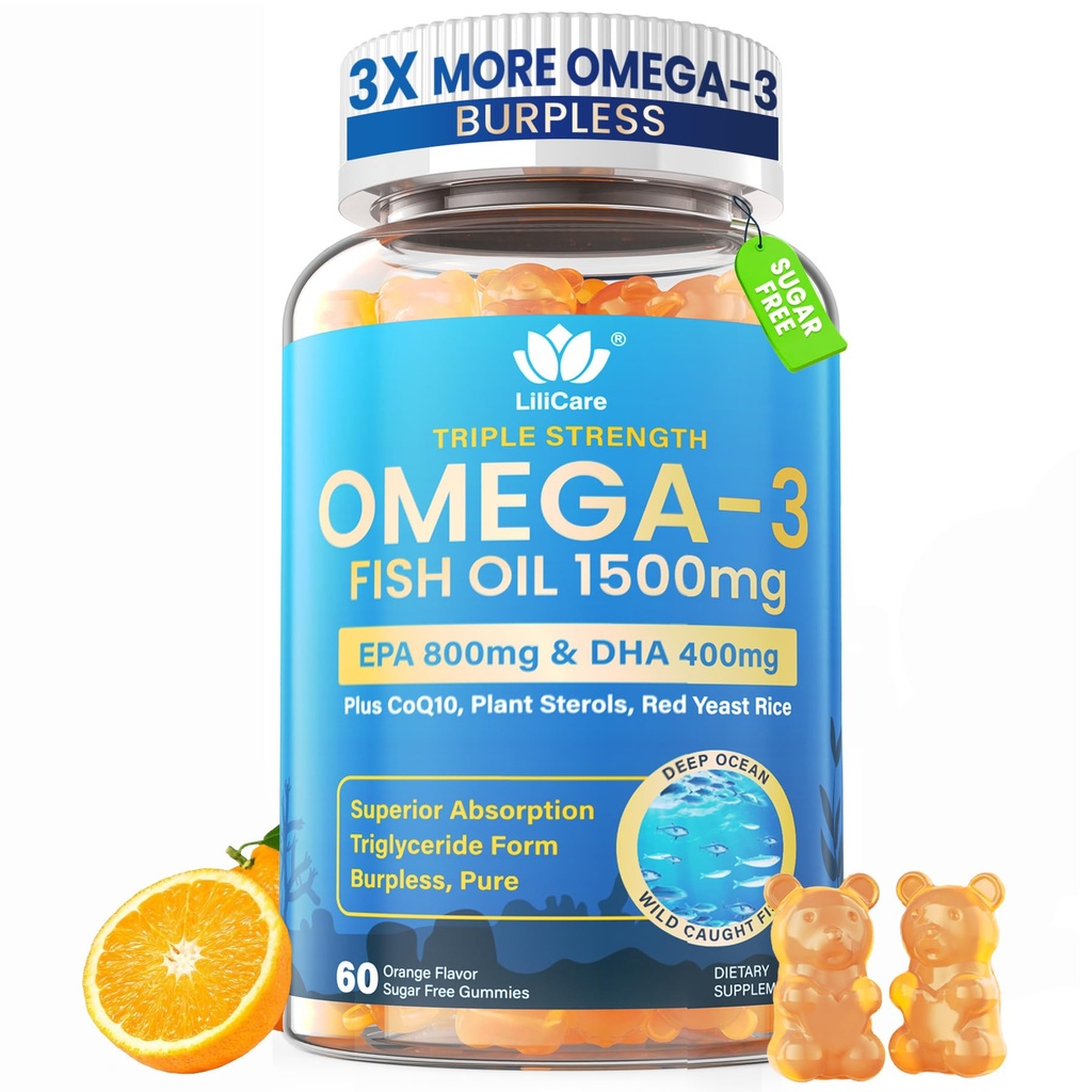 물고기 기름 Omega 3 Gummies 성인을 위한 1500mg - EPA & DHA, COQ10의 빨간 효모 밥을 가진 3배 힘 - H arar t & 두뇌를 위한 야생 잡초 Omega 3 지방산 보충교재 - 설탕 자유로운, Burpless, 60 조사