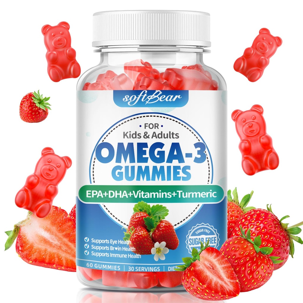 여자 & 남자 & 아이 오메가 3를 위한 softbear Omega 3 Gummies는 비타민 지원 눈 & 두뇌 건강, 설탕 자유로운, 딸기 풍미 60 조사를 가진 1200mg Vegan Omega 3 지방산 DHA EPA를 보충합니다
