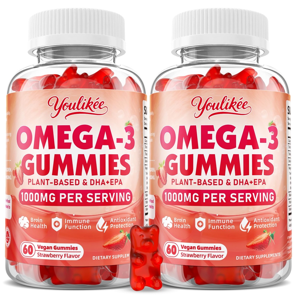2 팩 Vegan Omega-3 Gummies 1000mg의 성인을 위한 오메가 3 물고기 기름 대안, 식물 근거한 DHA 460mg & EPA 230mg w/Vitamin A, C, E의 딸기 풍미, 120 조사