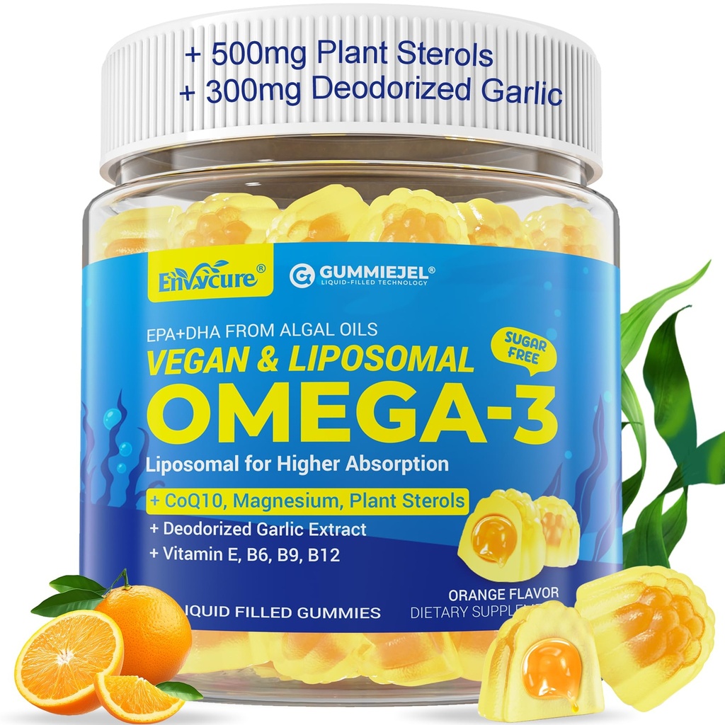 Vegan Omega-3 Gummies 1000mg +CoQ10+Magnesium- EPA 600mg & DHA 400mg의 물고기 기름 오메가 3는 여자를 위한 대안을 보충합니다 성인 Liposomal 모양 - 조류 식물 스테롤, 마늘, B6, B9, B12, 설탕 자유로운