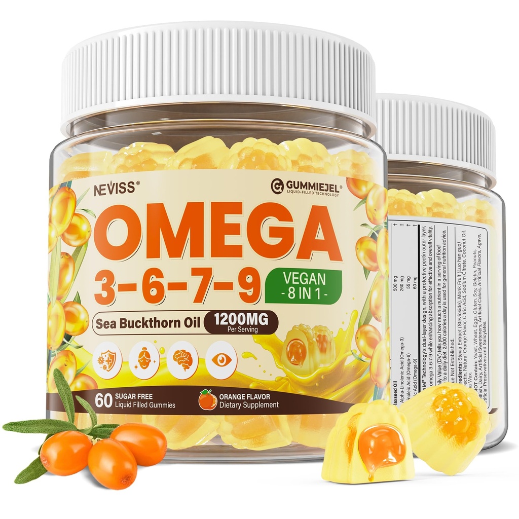 오메가 3-6-7-9 Gummies, 유기 바다 Buckthorn 기름 1200MG & Flaxseed 기름 500MG, Vegan 오메가 7 보충교재 w/Vitamin A, C, E의 지방산, 물고기 맛, 지원 피부, 눈, 면역, 두뇌 건강, 60 Cts