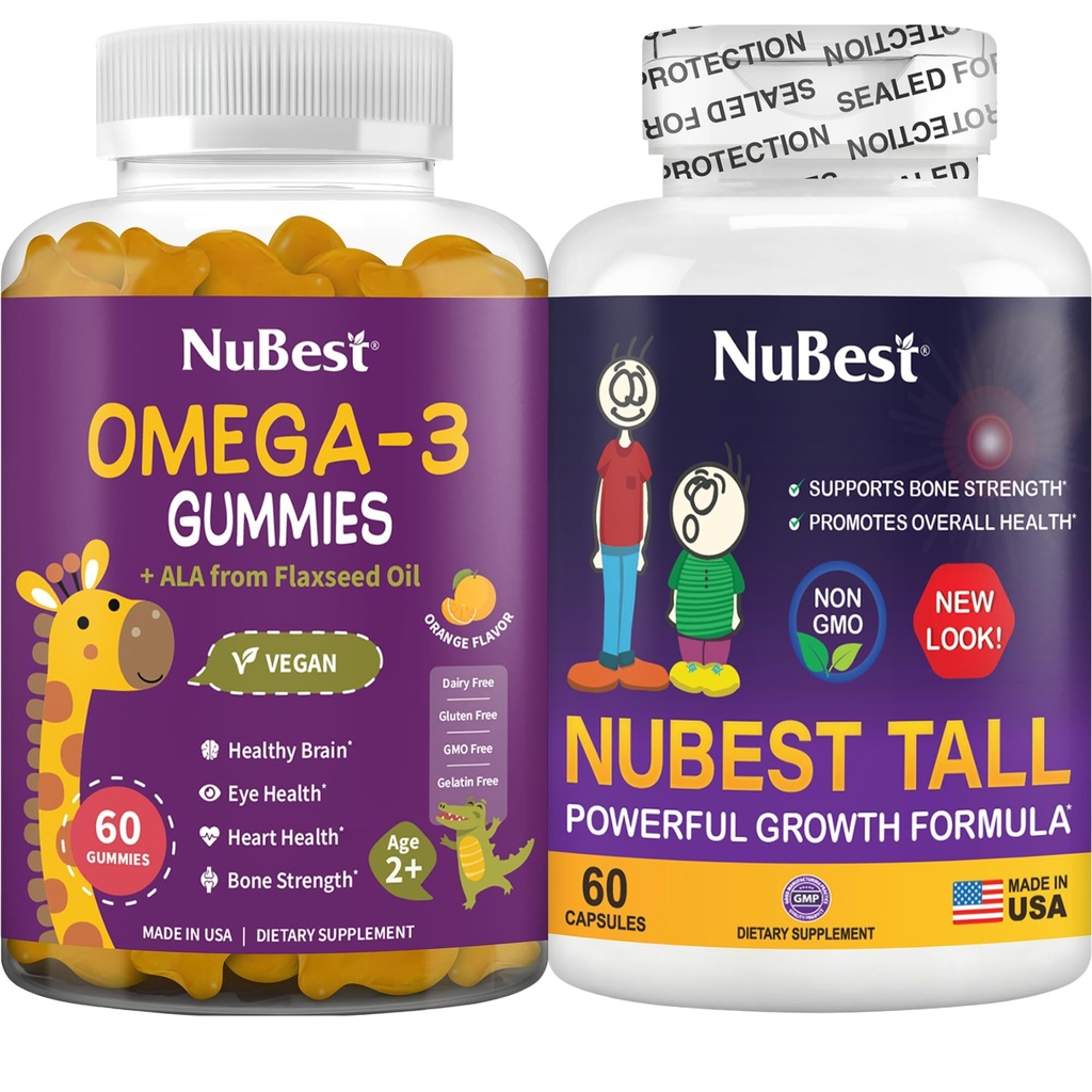 NuBest 번들 뼈 성장 - 두뇌 성장 : 오메가 3 Gummies Tall 새로운 모습 어린이를위한 & 칼슘, 콜라겐, 허브, 오메가 3 Flaxseed 오일과 청소년