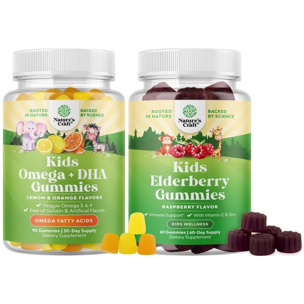 아이 DHA 오메가 3 Gummies의 번들 - 비테리아와 함께 물고기 무료 6 9 비전 뇌 및 면역 및 Sambucus Elderberry Gummies 어린이를위한 - 아연 및 비타민 C와 검은 Elderberry Immune 지원