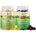 아이 DHA 오메가 3 Gummies의 번들 - 비테리아와 함께 물고기 무료 6 9 비전 뇌 및 면역 및 Sambucus Elderberry Gummies 어린이를위한 - 아연 및 비타민 C와 검은 Elderberry Immune 지원
