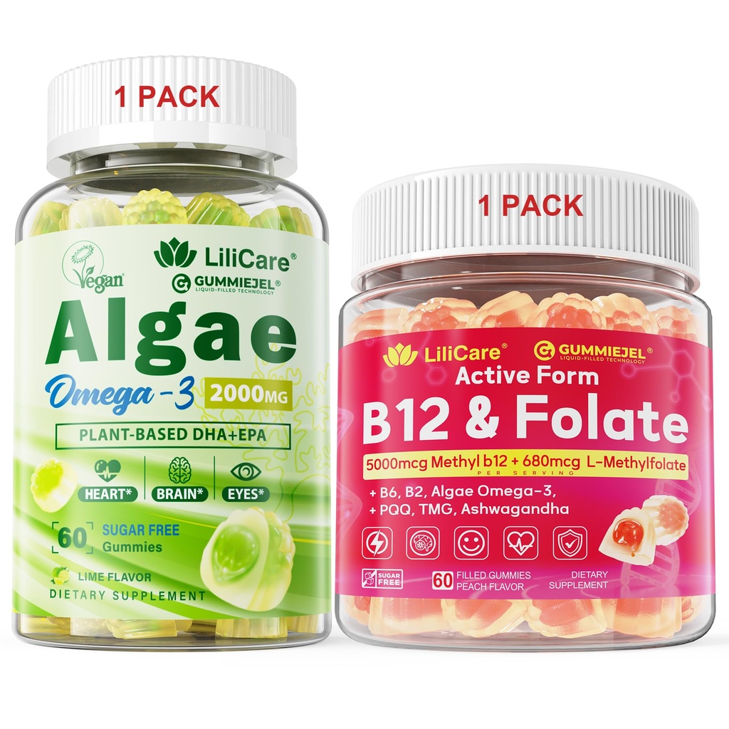 번들: 조류 오메가 3 Gummies 1 팩 & 메틸 B12 + L Methylfolate Gummies 1 팩