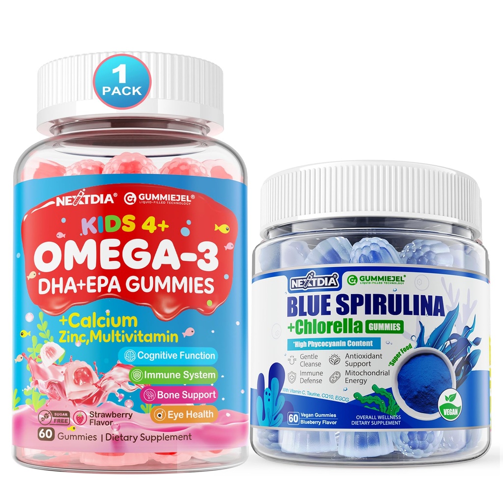 오메가 3 (EPA/DHA) 채워진 Gummies + 유기 파란 Spirulina Gummies